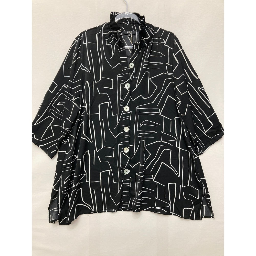 Lior Paris Button Down Size XL Black White Abstract Art to Wear Ruffle Collar